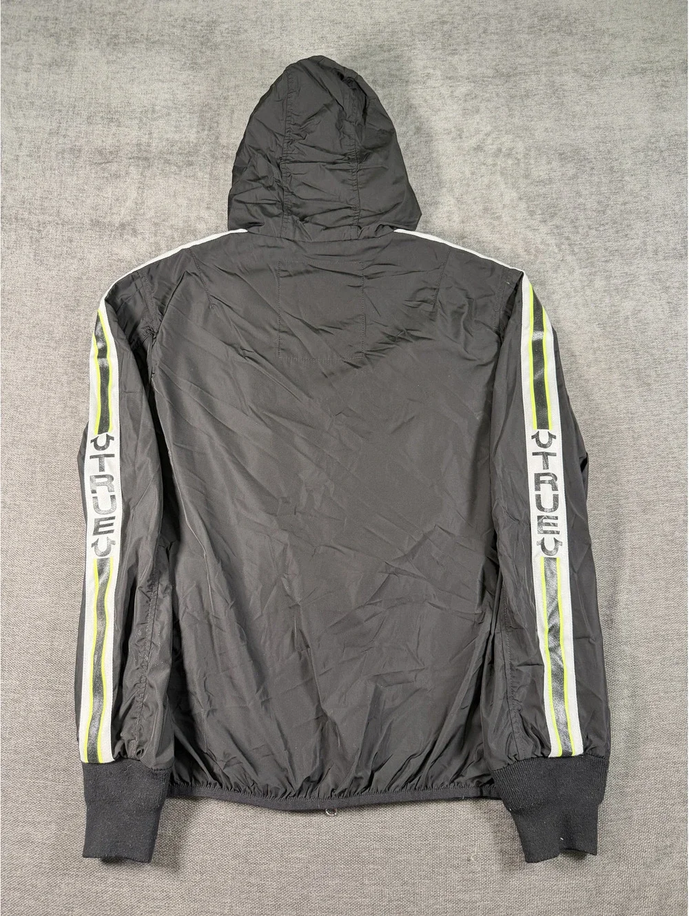 True Religion Black Hooded Windbreaker Jacket with Reflective Stripes Size Small